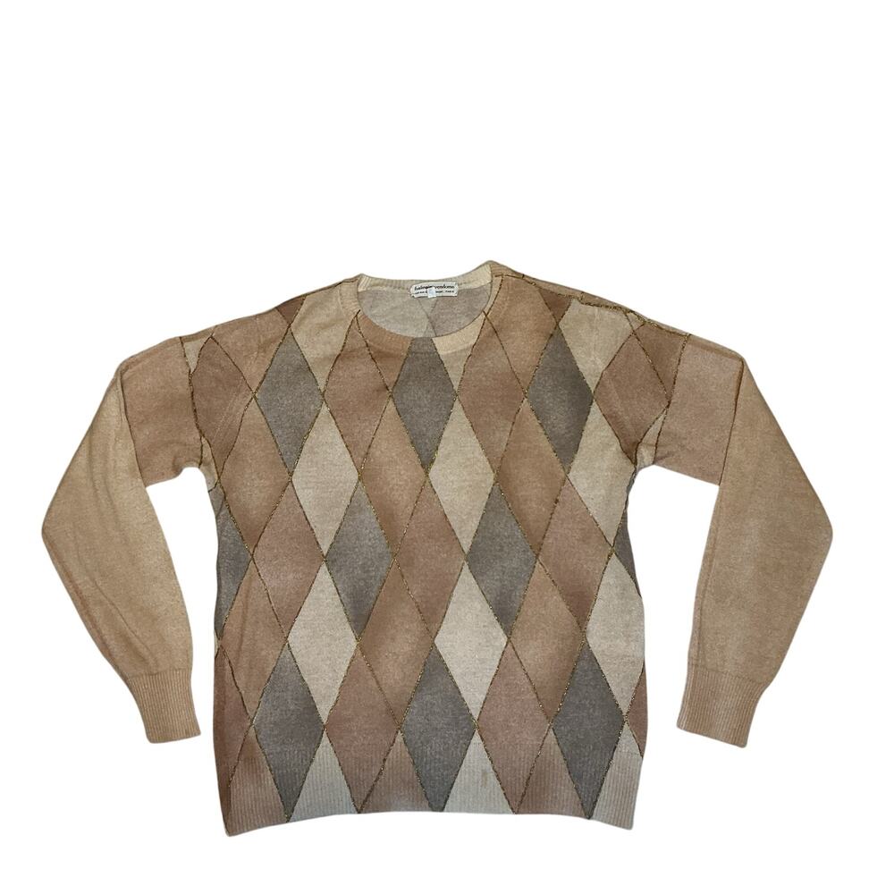 Balmain Vendome Women's Argyle Diamond Crew Neck Wool Sweater Brown Beige 4 US M